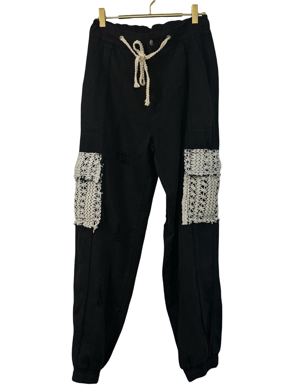 **NEW POL BESTSELLER Black Joggers with Cream Crochet Pockets boho distressed - Picture 10 of 10